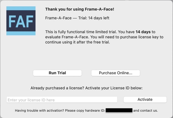 Frame-A-Face Register panel