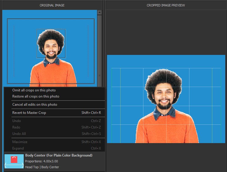 Cropped, centered by body, and top head leveled