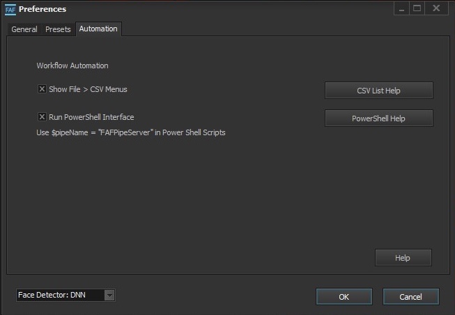 Frame-A-Face Preferences Automation tab