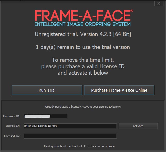 Frame-A-Face Register panel